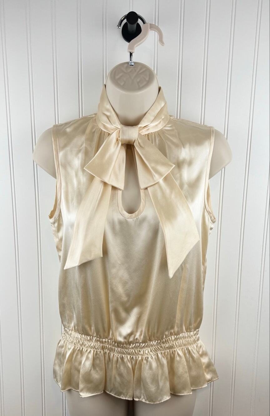 Nanette Lepore 100% Silk Sleeveless Bow Neck Blouse Champagne Ivory Size 2 USA